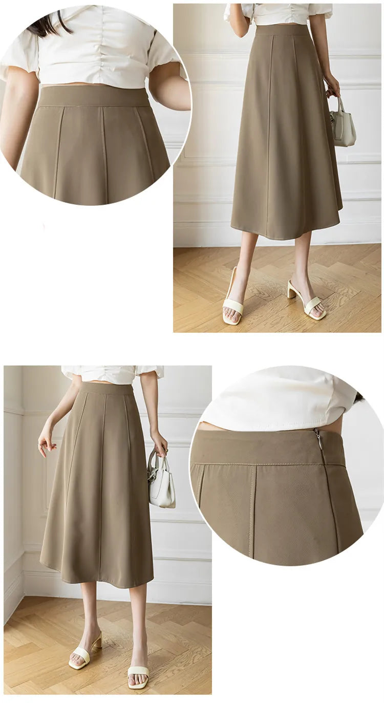 Women's Skirt Spring Women High Waist Solid Vintage Girl's Waist Down Skirt Knee-length A-line Fashion Thin Skirt for Women