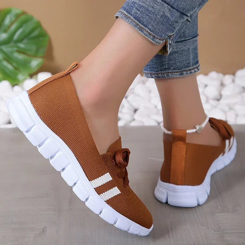 Zapatos planos de punto transpirables a rayas para mujer, zapatillas informales con cordones de suela blanda, mocasines ligeros antideslizantes de talla grande 43 para mujer