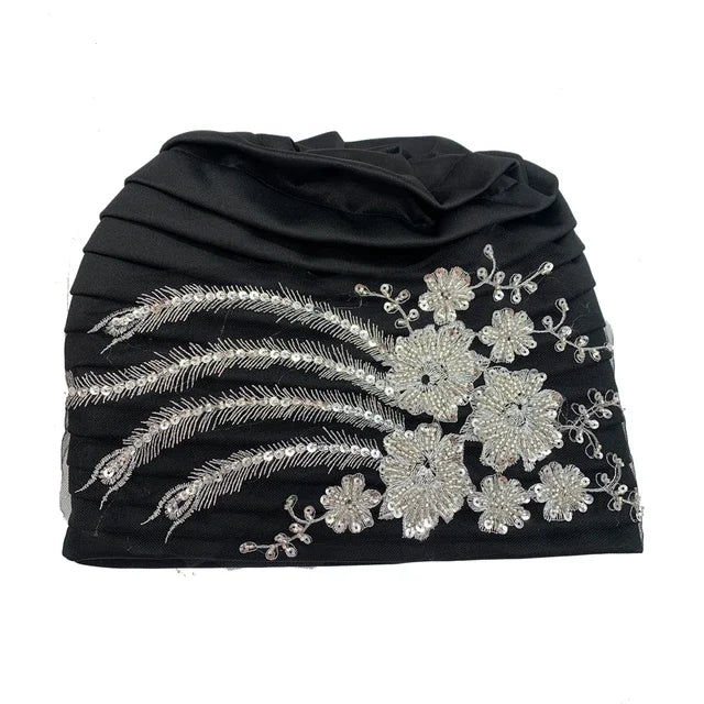 Gorro turbante plisado bordado de lujo con cuentas para mujer, gorro turbante africano para mujer, turbante musulmán, envolturas para la cabeza de mujer