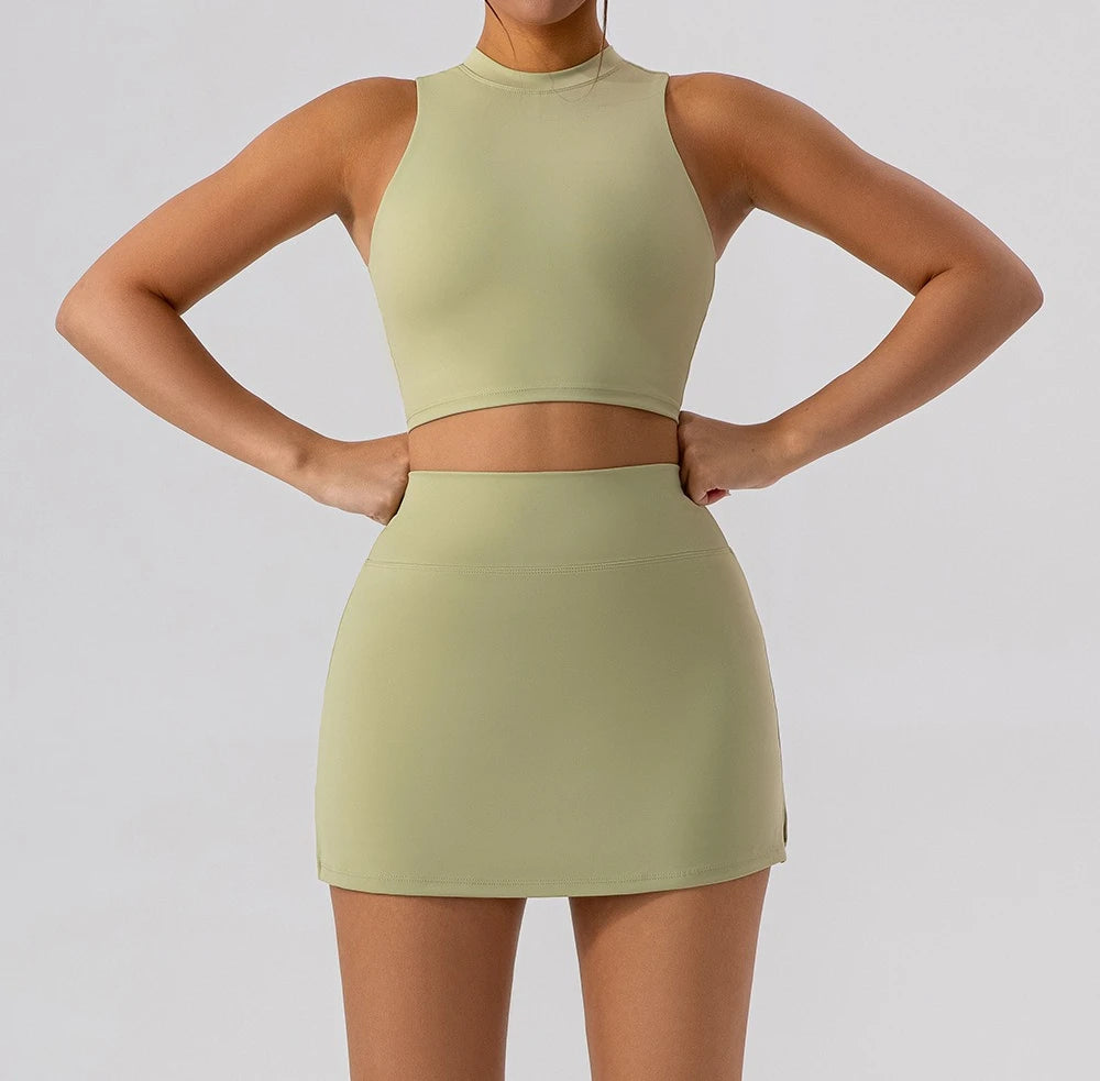 2PCS Yoga Set Sports Hip Short Skirt Women Tracksuit Gym Tennis Skirt Set Workout Sportswear Golf Dance Athletic Sport Suit