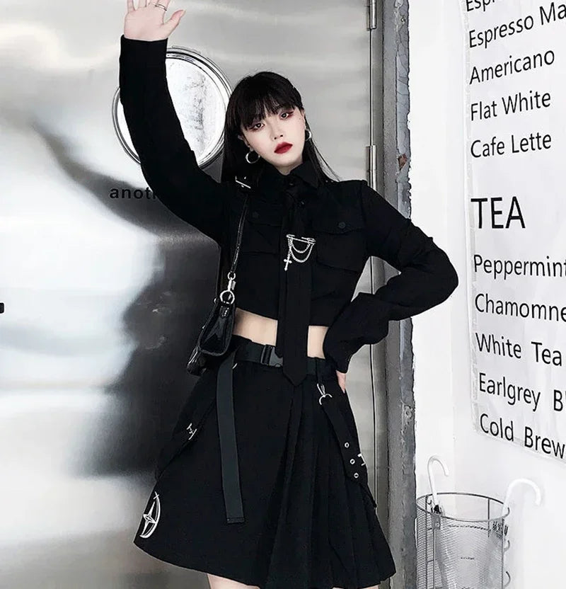 Women Two-Piece Skirt Spring Oversize 4XL Black Punk Chain Ribbon Skirts Ladies Suit Female Dress Sets Harajuku Streetwear