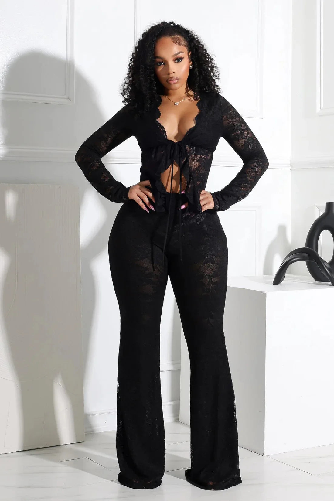 Pant Sets Women Two Pieces Cardigan Lace Sexy Tops Tracksuit Full Wide Leg Pants Loose Fit Casual Spliced High Waist Solid
