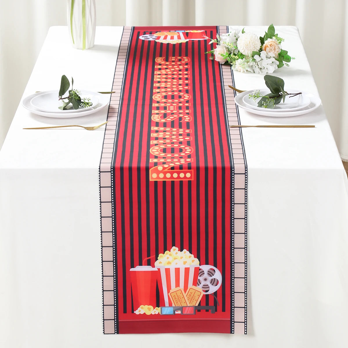 Camino de Mesa para Noche de Cine de 12 X 72 Pulgadas, Estampado de Tira de Película, Decoración de Carrete de Cine, Decoraciones de Manteles Temáticos de Cine