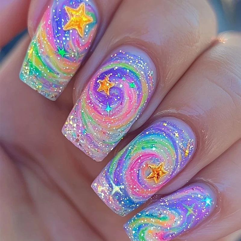 Colorful laser manicure patch wearing nails
