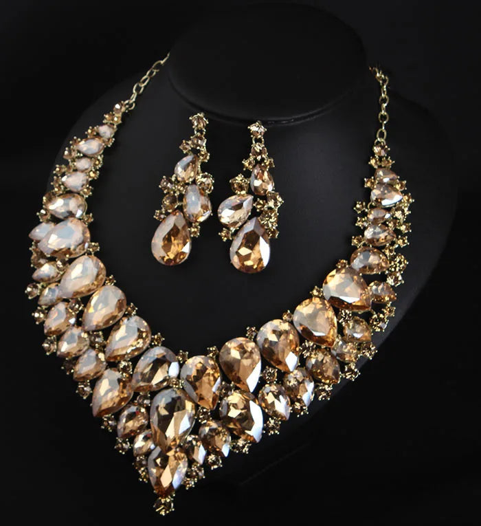 Luxury Super Shiny Colored Gems Crystal Jewelry Set Trendy Necklace Earring Women Wedding Bridesmaid Accessories Gift Wholesale