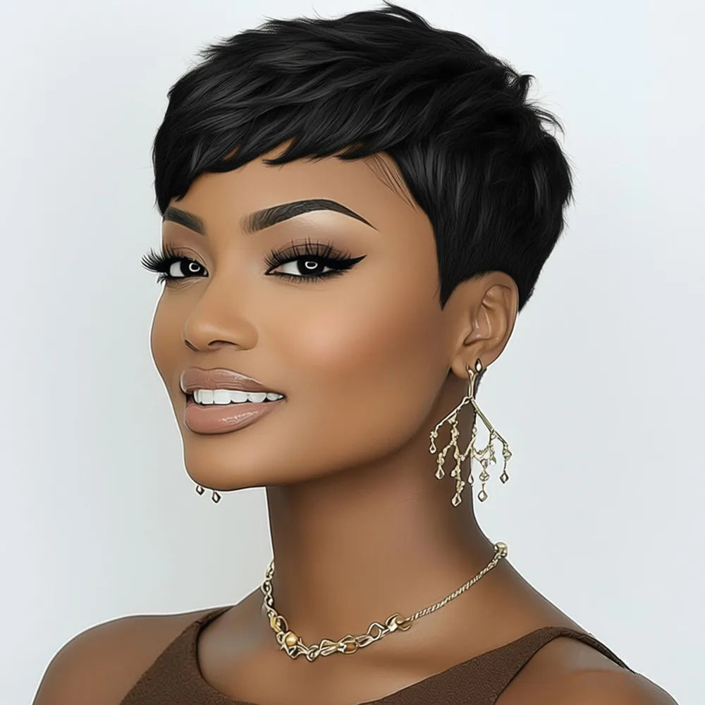 4inch machine made brown back burgundy pixie cut human hair wig short straight layered 150% density remy human hair wig