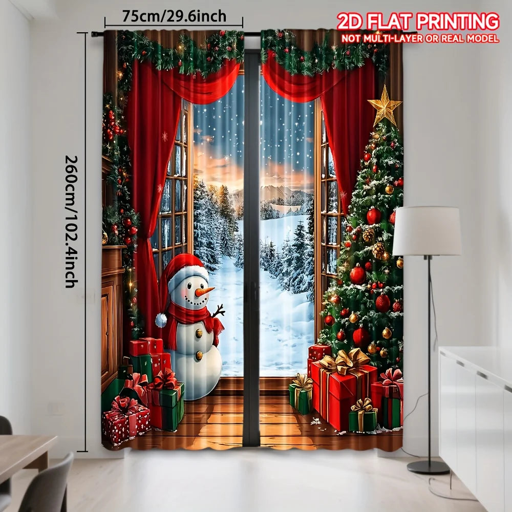 2 cortinas navideñas: Papá Noel, muñeco de nieve y encanto festivo