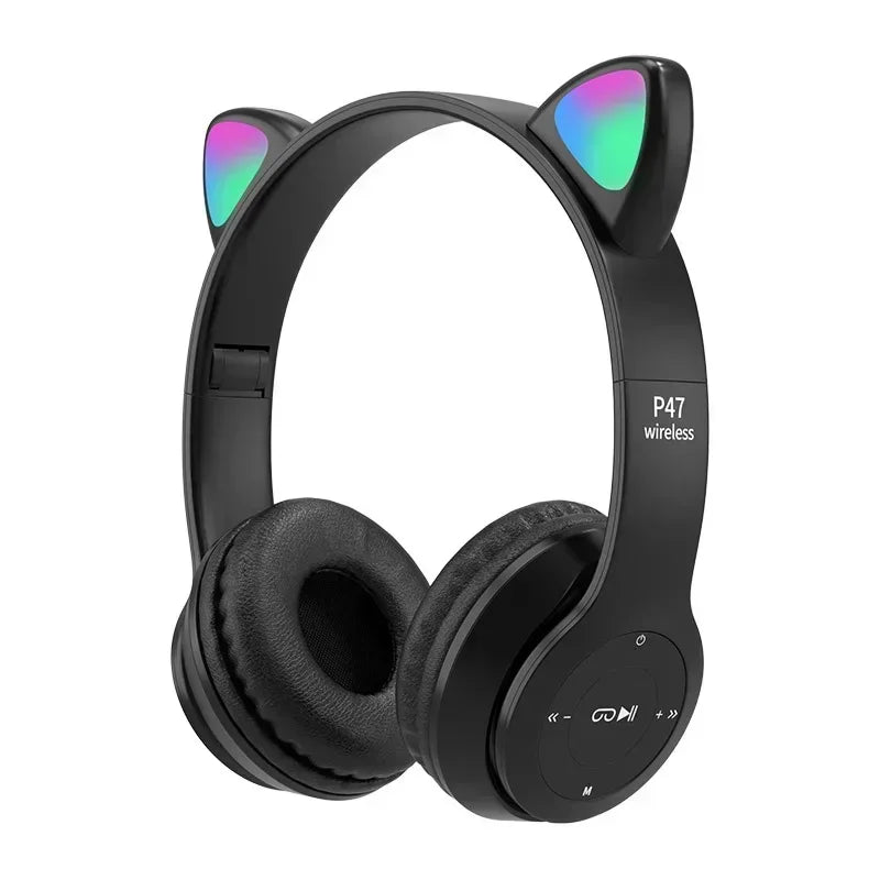 Casque de jeu sans fil P47M avec lumière clignotante et oreilles de chat mignonnes, avec micro, contrôle LED, musique stéréo, téléphone, Bluetooth, cadeau
