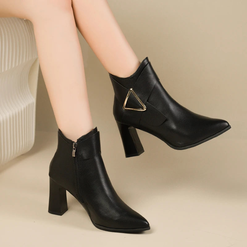 Women's High Heeled Bare Boots Fashionable Mid-heel Casual Chelsea Boots Winter New Women's Back Zipper Botines De Muje