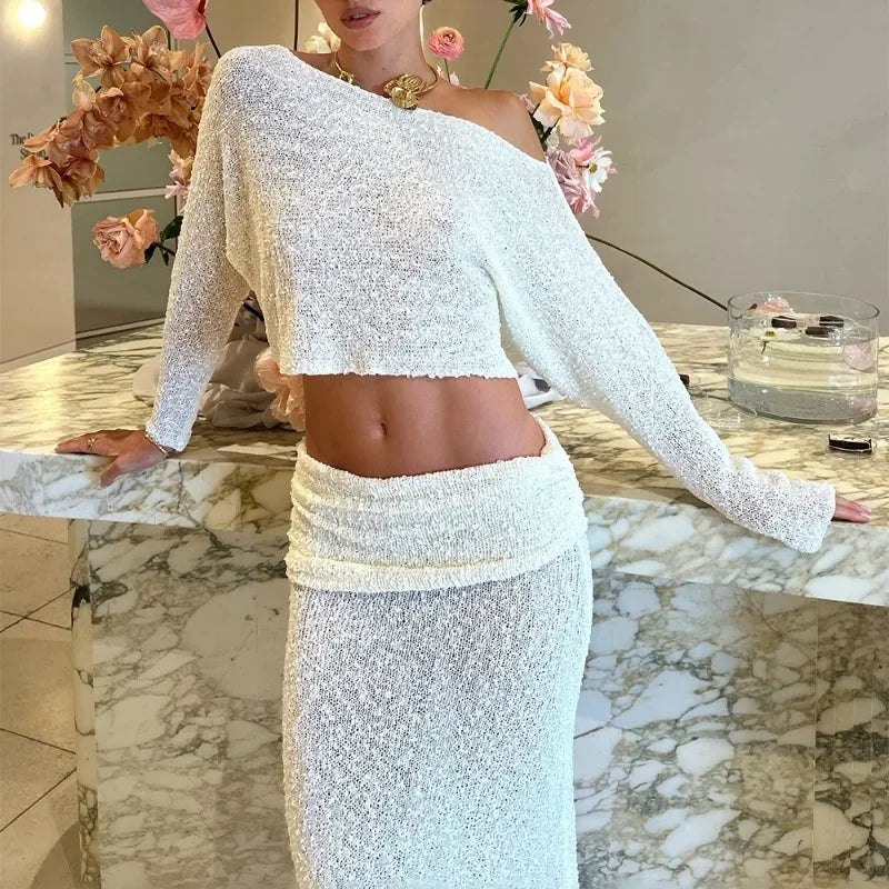 Knitted Skirt Set Women's Summer Off-Shoulder Long Sleeve Cropped Top Slim See-through Pleated Skirt Female Skirt Set