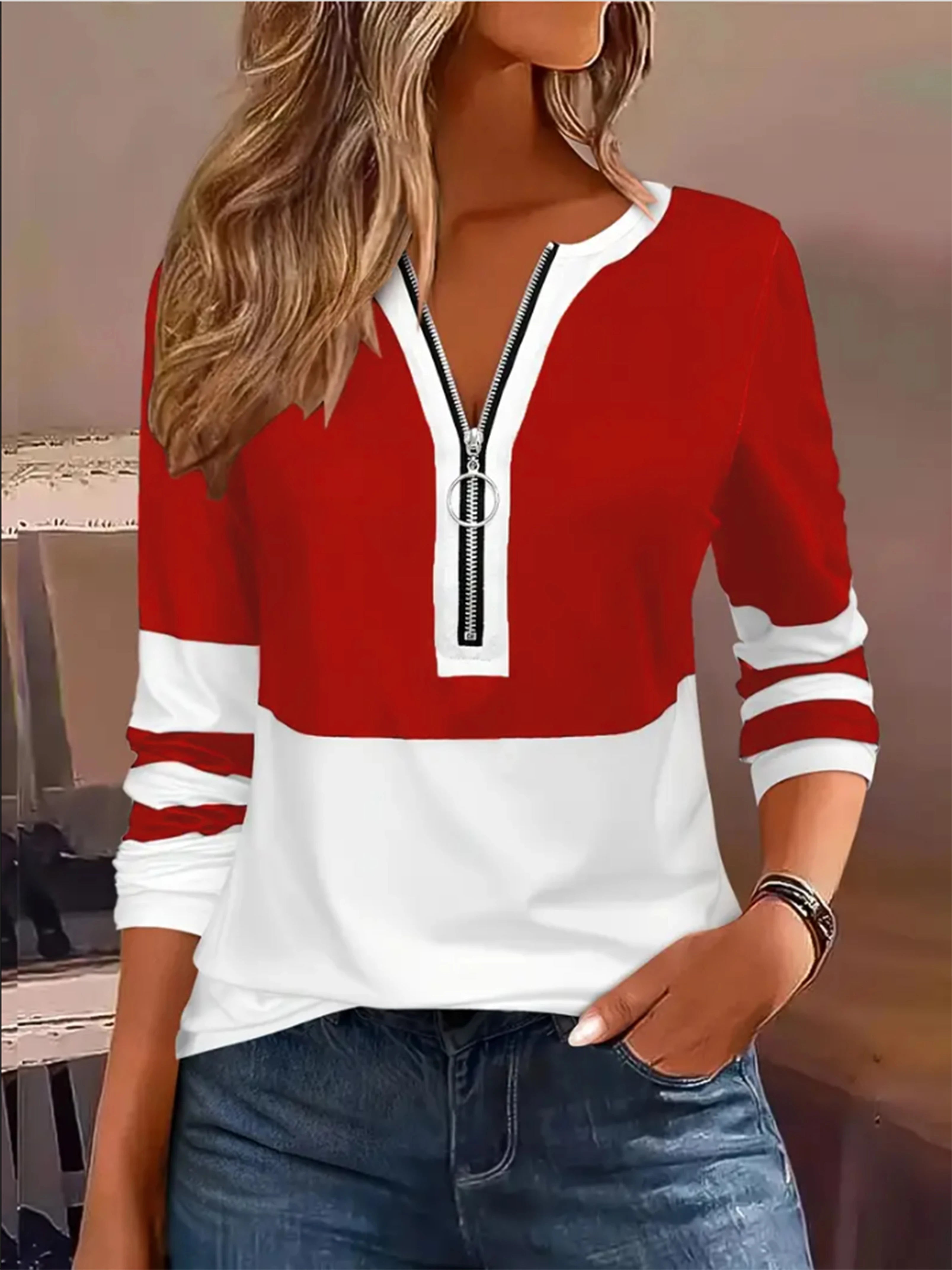 Plus Size Geometrisk T-skjorte med glidelås