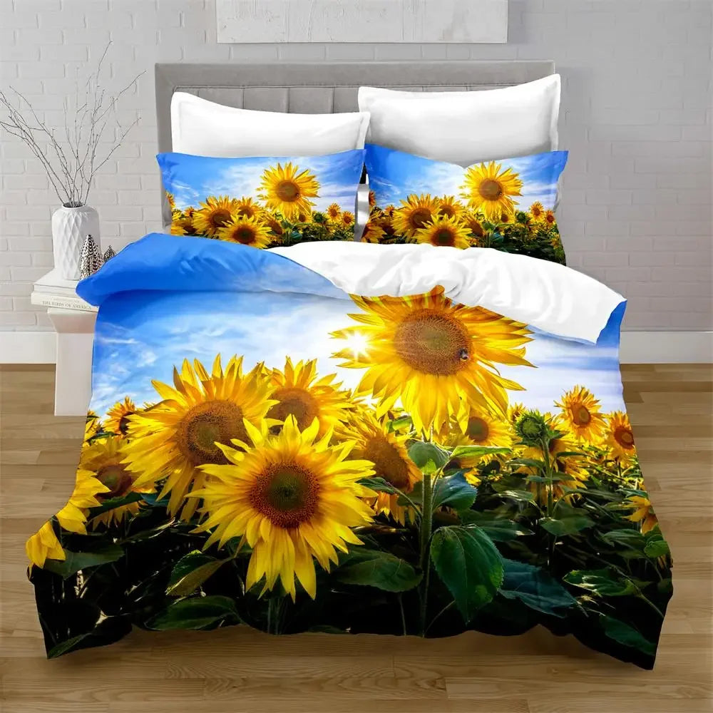 Juego de funda nórdica de girasol, flores amarillas, exuberantes girasoles en el campo, juego de cama de microfibra, estampado floral botánico, funda de edredón