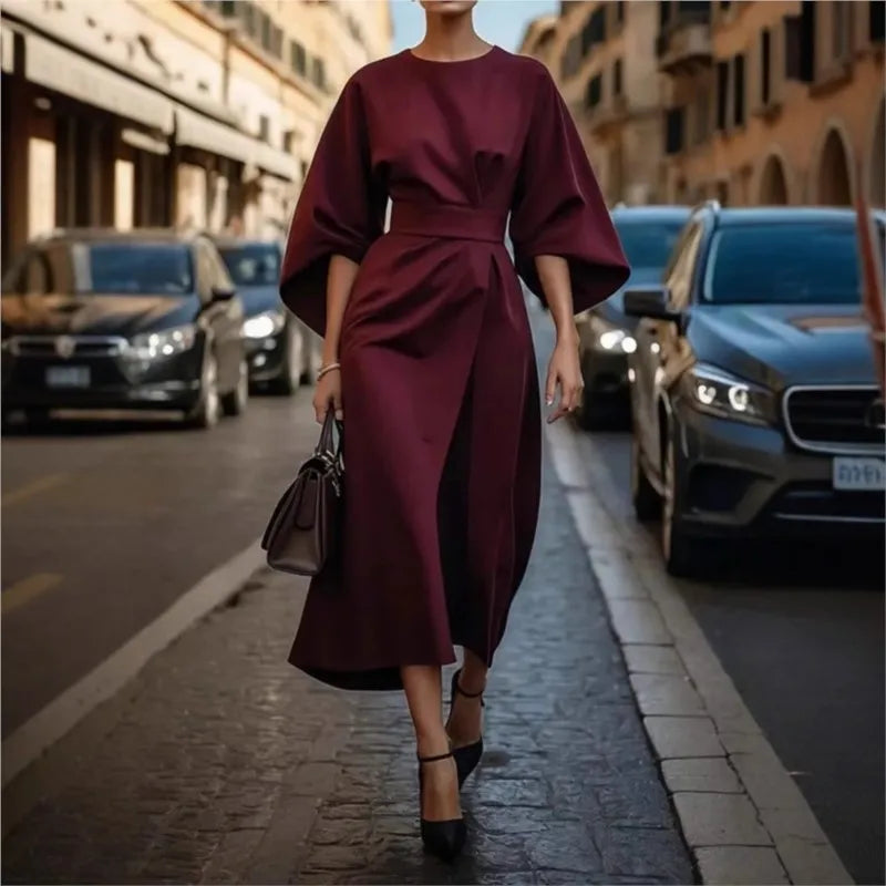 Women's Clothing Fashion Black Dress Temperament Elegant Casual Waist-closing Maxi Bat Sleeve Dresses For Women Robe Femel