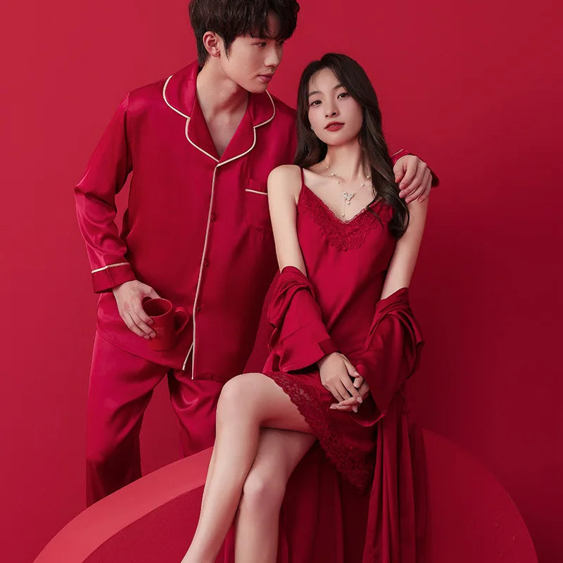 Red Pajamas Set For Couple Women Bathrobe Nightdress Pijamas Sleepwear Men Shirt Pants Summer Loungewear Satin Home Clothes