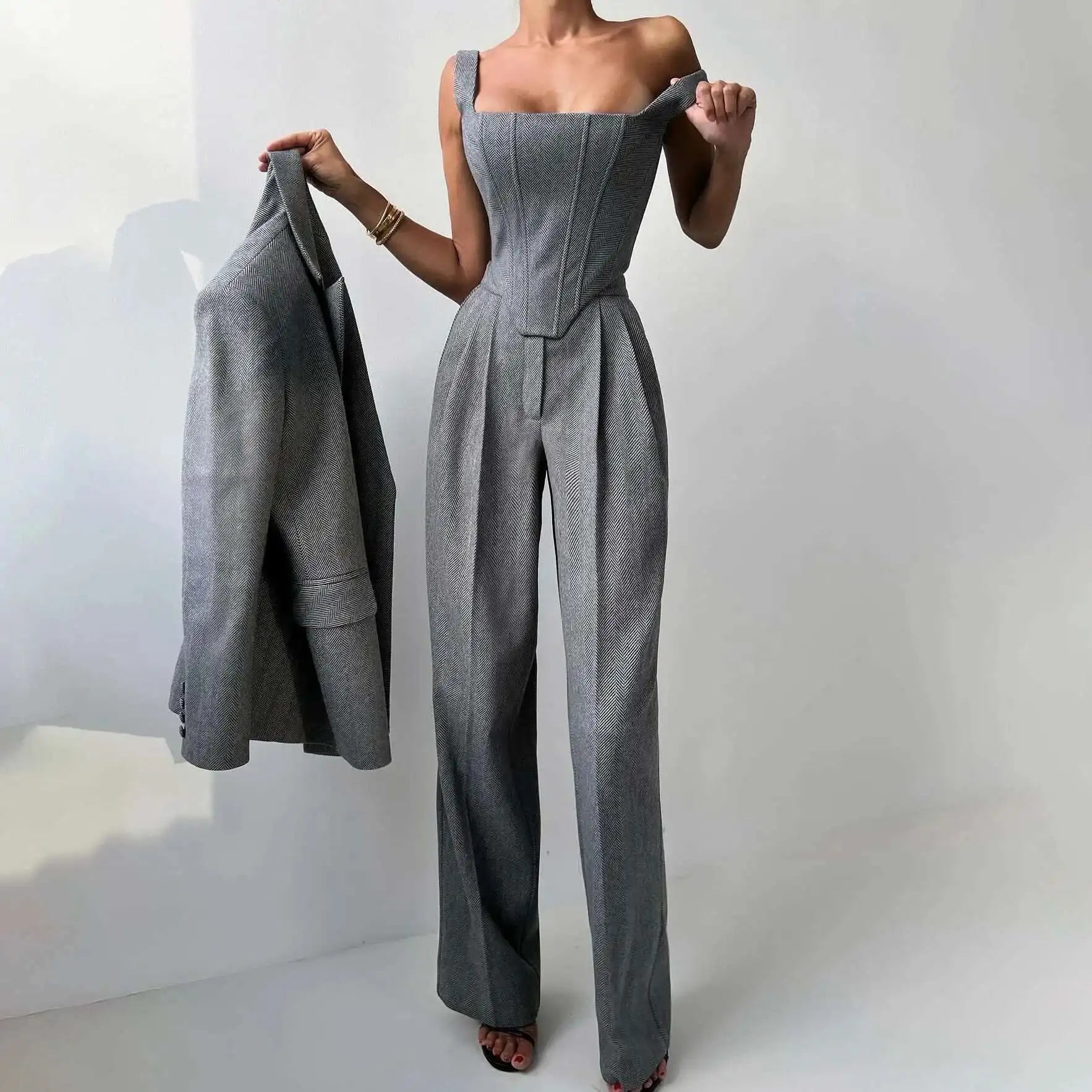 [Vibe] Women's Blazer Three Piece Solid Slim Vest Loose Blazer High Waist Pants Suit Streetwear Casual Female Pants Suit