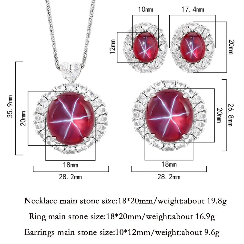 Women's Fine Jewelry Set Retro Lab Ruby Gemstone Necklace Pendant Ring Stud Earrings Wedding Party Accessories Anniversary Gift