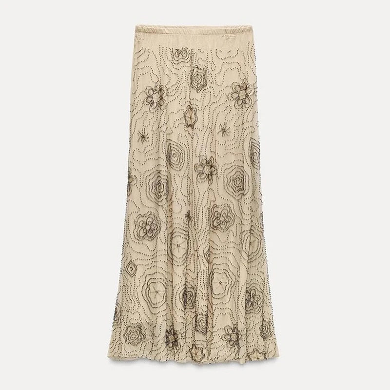 Beach Tank Top Skirt Women's Set Beading Print Shawl Collar Sleeveless Tops Pleated Maxi Skirts 2025 Summer Fashion Lady Outfit
