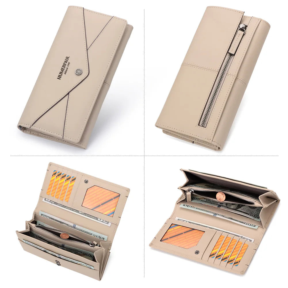 Genuine Leather Women's Wallet Luxury Clutch with RFID Multi Card Slots and Phone Pocket Large Capacity Female Money Handbag