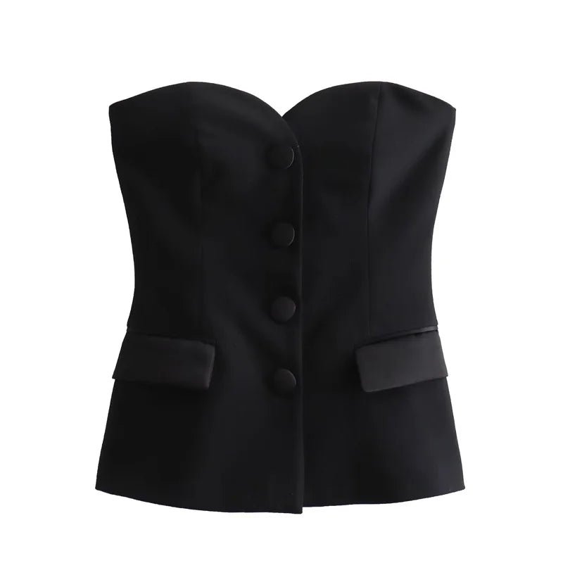 TRAF Women Crop Corset Top Summer Tanks & Camis White Black Tank Top Button Off Shoulder Sleeveless Tube Top Fashion Vests