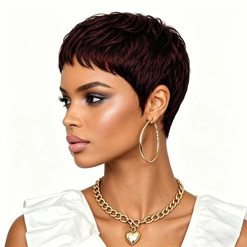 Pelucas de cabello humano con corte pixie corto, peluca de cabello natural negro, peluca hecha a máquina con cabello humano
