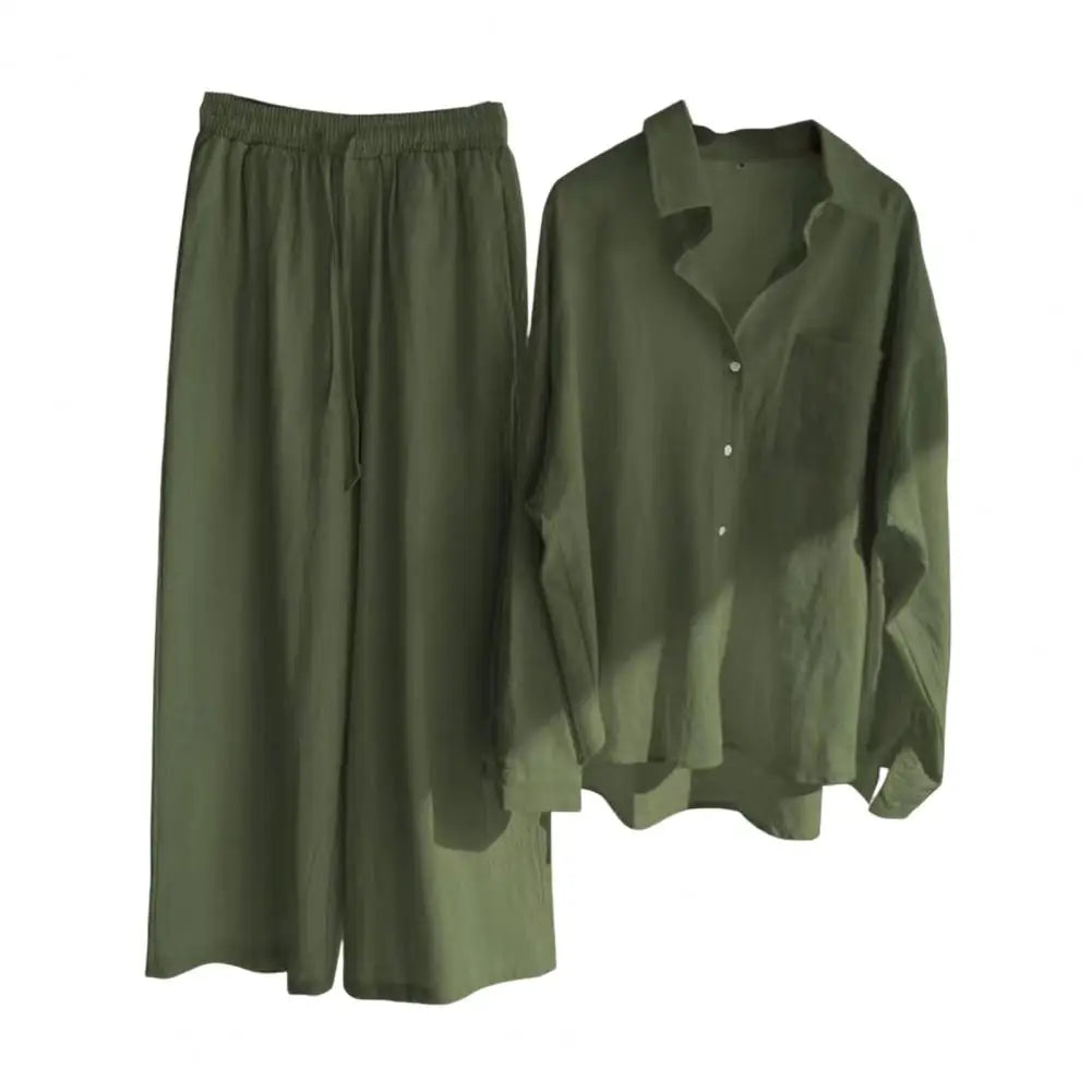 2 Pcs/Set Women Tops Pants Set Blouse Trousers Suit Skin-touch Long Sleeves Cardigan Solid Color Wide Leg Daily Clothes
