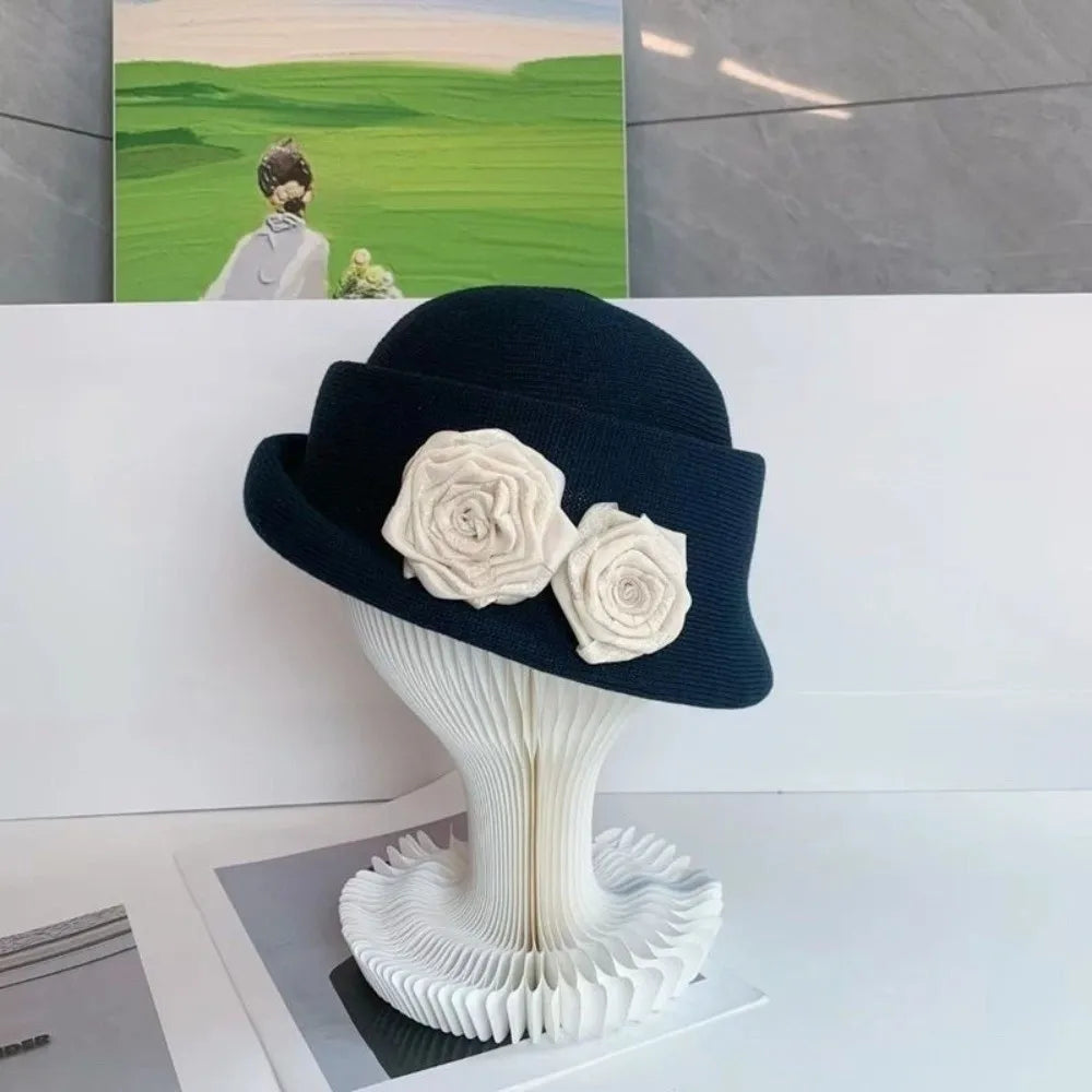 Vintage French Style Camellia Flower Cap Curl Brim Hepburn Floral Bowler Hat Elegant British Women's Formal hat Lady