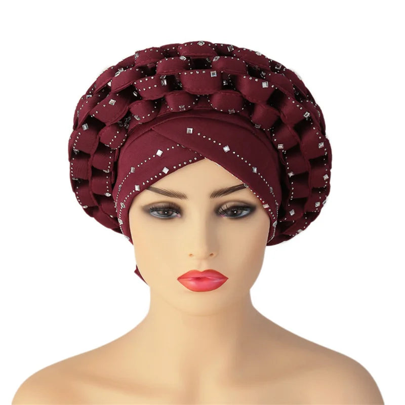 Rhinestone Auto Gele Headwrap – Sparkling African Elegance