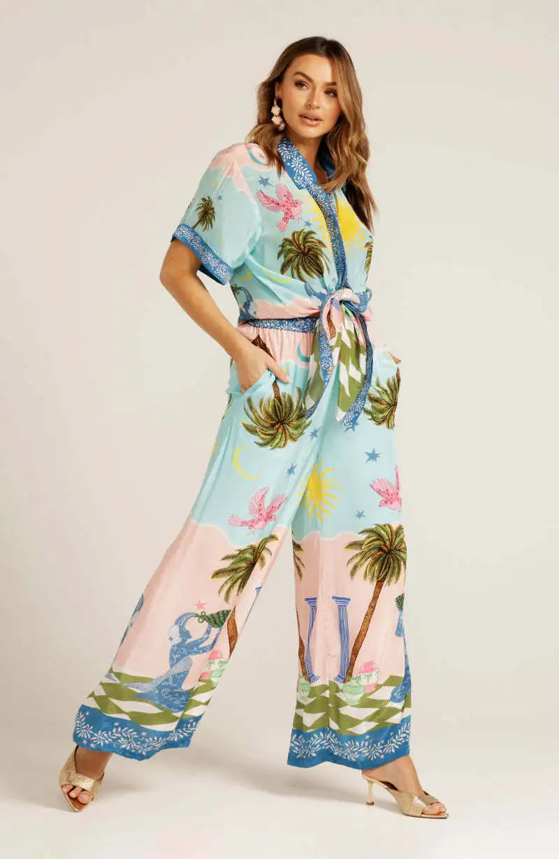 Pants Sets For Women Summer Fashion Printed Half Sleeve Shirt Suits Casual Loose High Waisted Female Wide Leg Pants Outfits