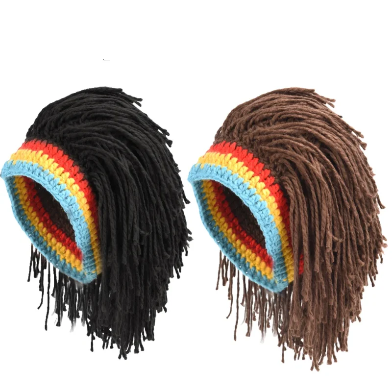 African Jamaican Braid Wig Knitted Hat Men Women Handmade Dreadlocks Synthetic Wig Halloween Cosplay Party Wig Headwear Props