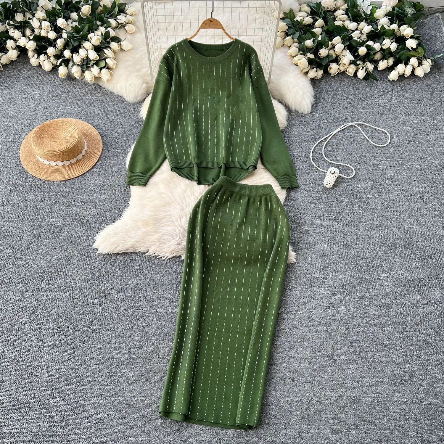 Women Skirt Sets Two Piece Sweater Set Full Sleeve Knit Tops Dress Sets Wrap Hip Skirts Casual Top Diamonds Spliced Autumn 2025