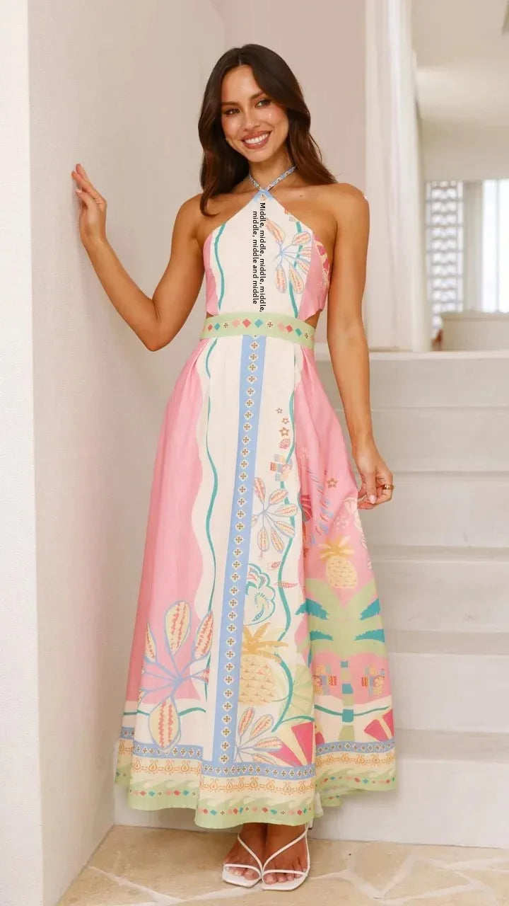 Sexy Long Neck Hanging Strap Backless Dress New Independent Station Cross-Border Sleeveless Knee-Length Polyester Fiber