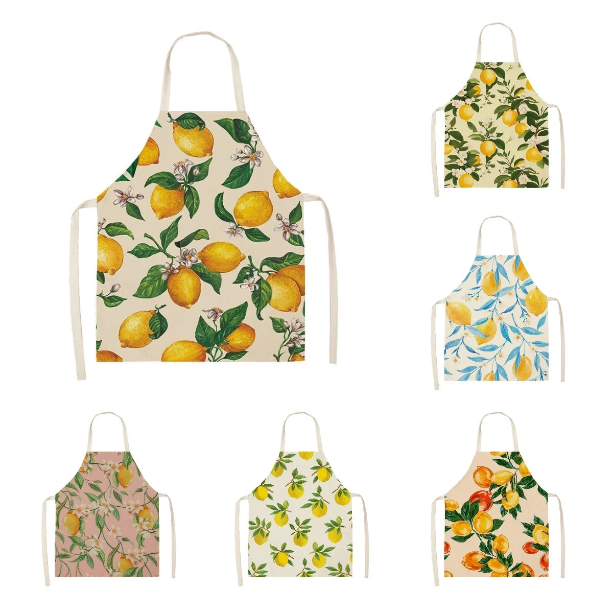 Delantal de cocina para mujer, para cocinar, limpieza del hogar, algodón, lino, estampado de frutas y limón, diseño característico