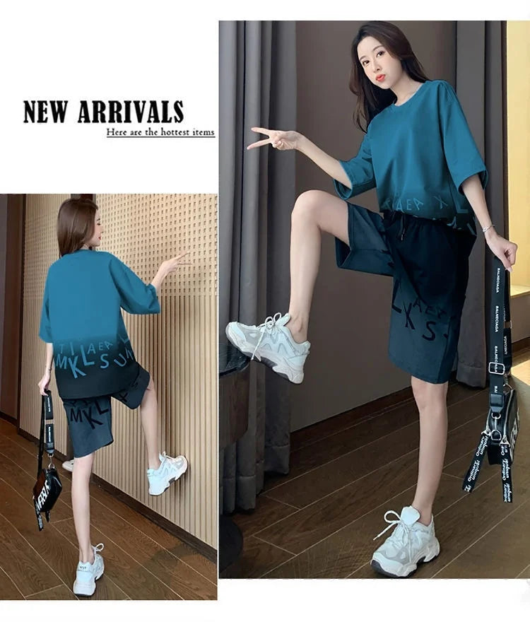 Women's Casual Sports Short Suit Summer New Fashion Fried Street Long T-shirt Crop Tops 2 Two Piece Set For Women Tracksuit