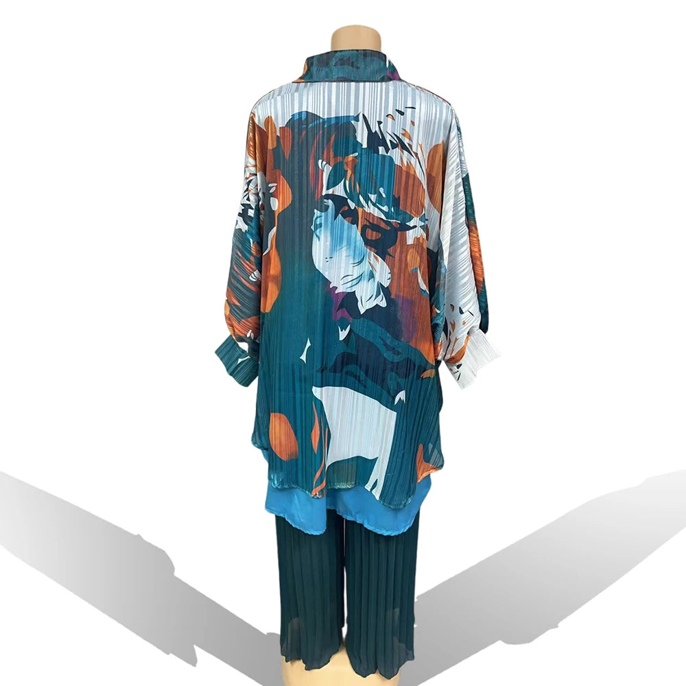 Women 2 Pieces Pants Sets Printed Shirts & Long Trousers Loose Fashion Elegant Ladies Outfits Matching Pants Sets Pleated pants