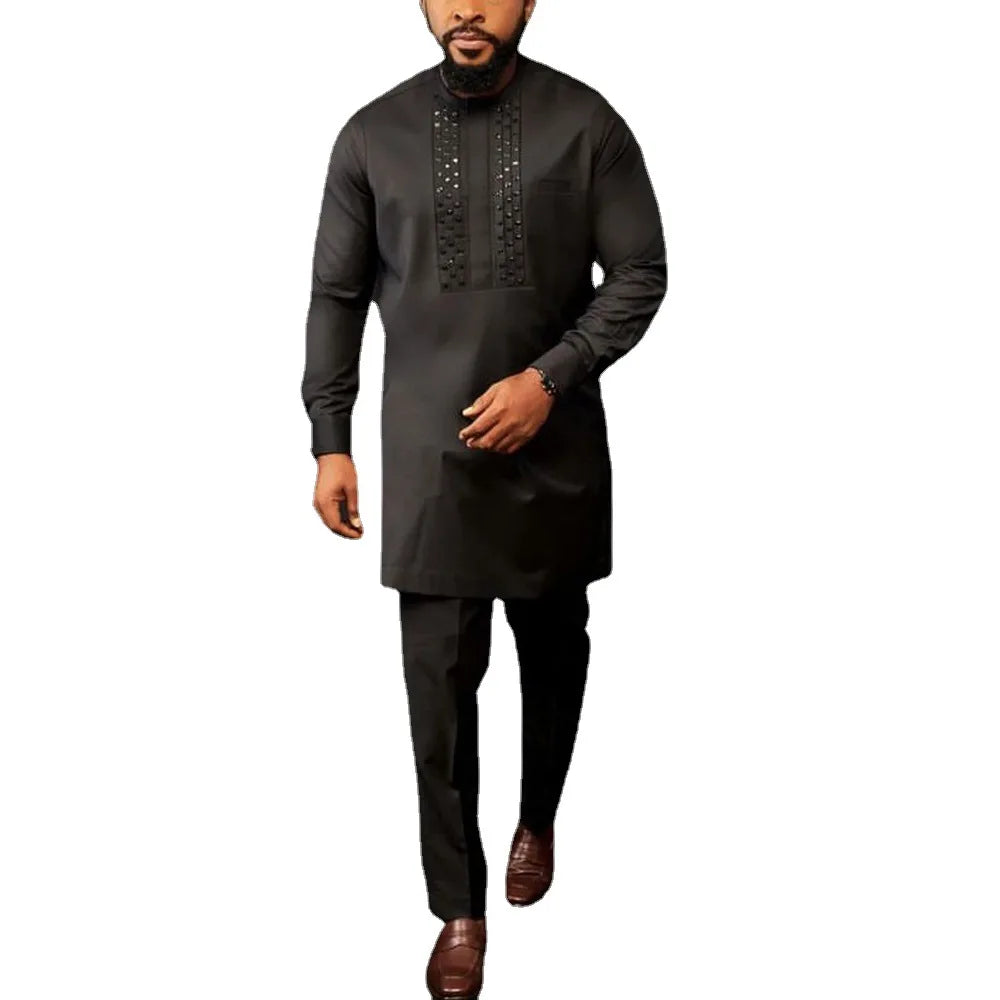Men African Two Piece Set Traditional Outfits Long Sleeve Shirt Pants Party Africa 2024 Summer Gentleman Ethnic Business Suit