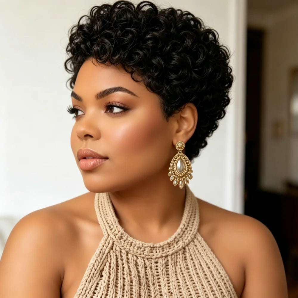 Short Pixie Human Hair Wigs for Fashion Women Full Machine Made Pixie Cut Wig Curly Human Hair Wigs with Bangs Natural Wavy Blac