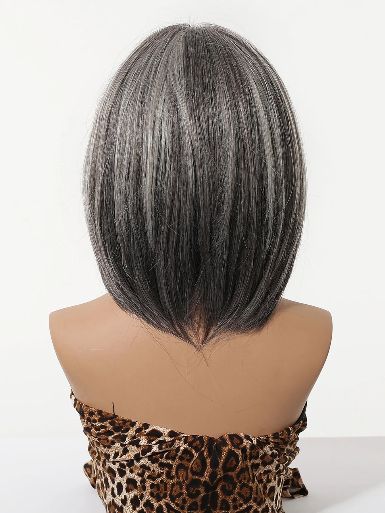 12 Inch Grey Layered Bob Wigs with Bangs for Women Synthetic Heat Resistant Straight Hair 7 Mesh Cap Breathable Adjustable Daily Party Cosplay Wigs