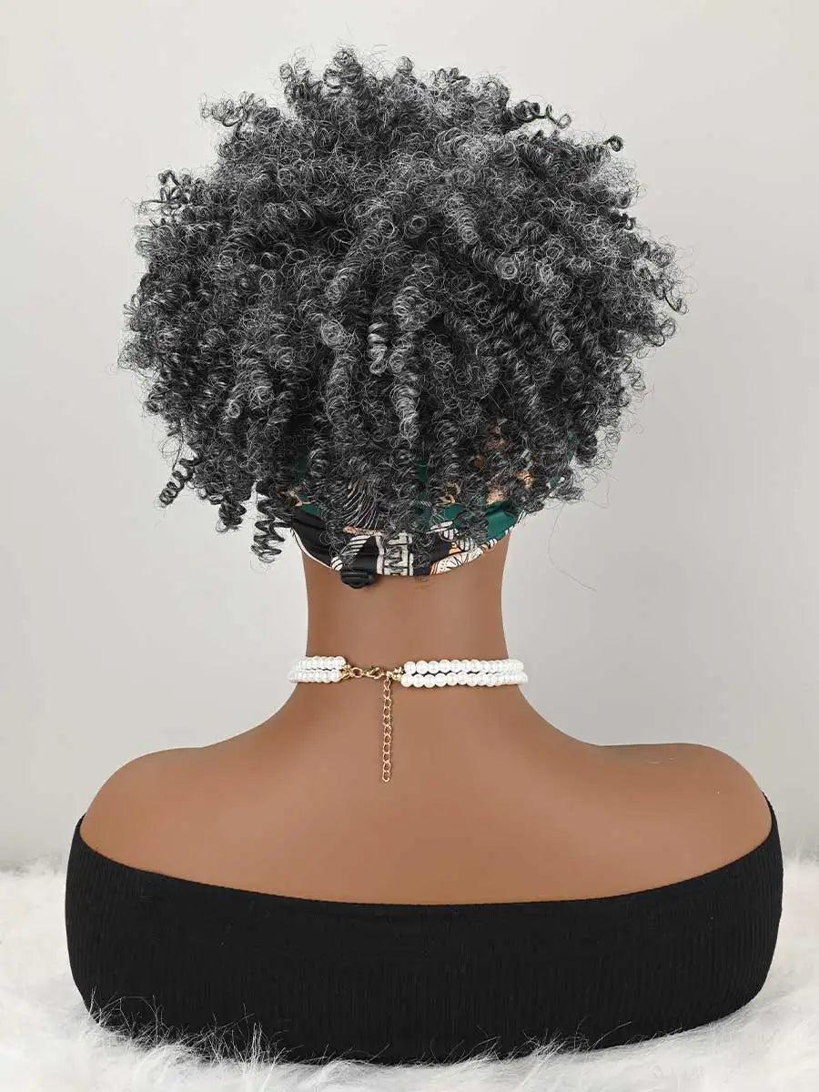 Pelucas de Diadema para Mujer, Peluca Afro Rizada con Pelo Corto Sintético, Pelucas con Diadema Incorporada, Pelucas con Pañuelo de Cabeza
