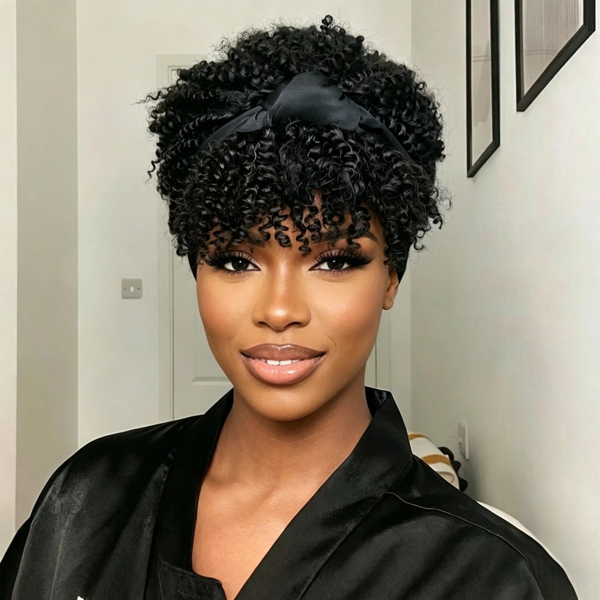 Short Curly Headband Wig with Bangs Human Hair Pixie Cut Wig Full Machine Wig