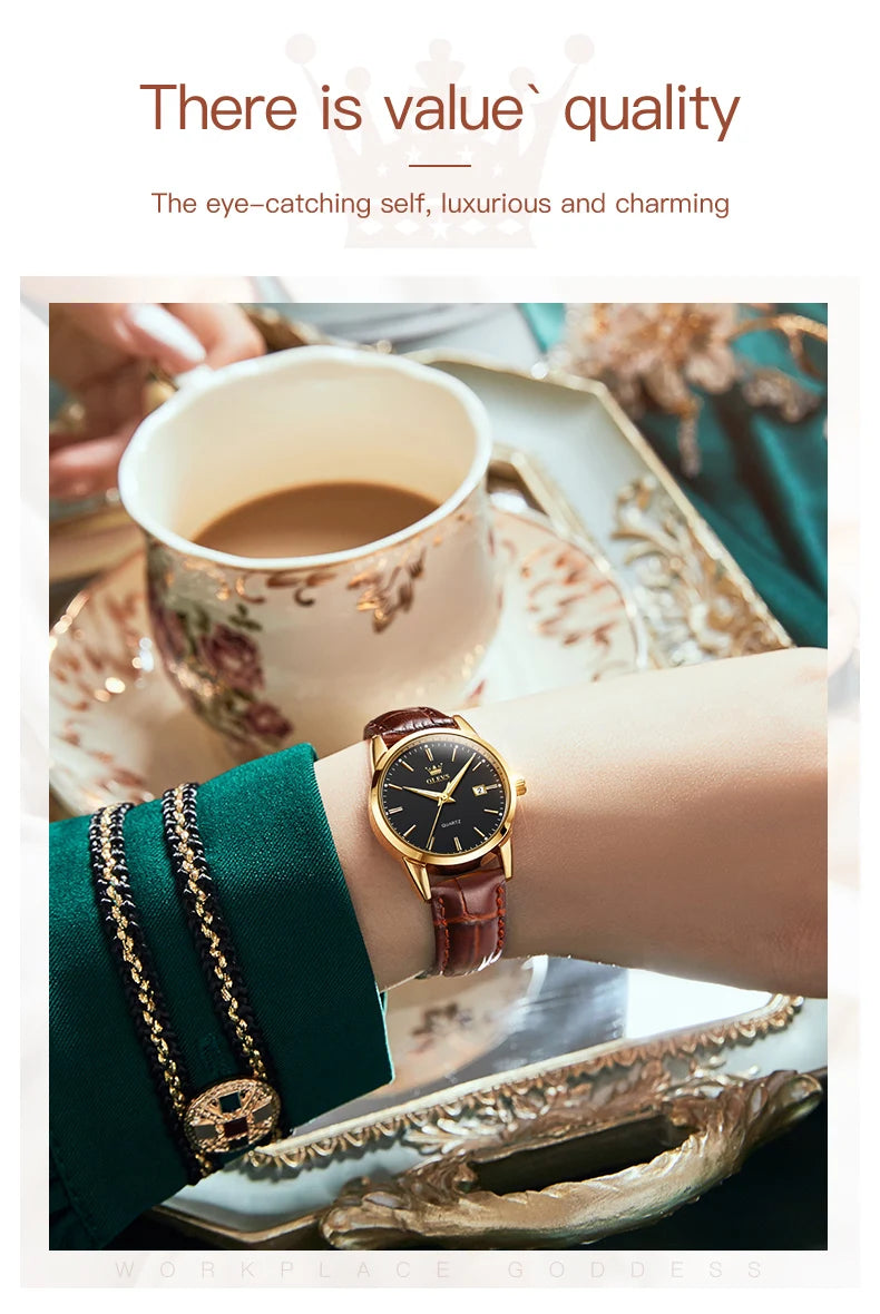 OLEVS 6898 Womens Watch Original Fashion Brand Quartz Wristwatch Waterproof Luminous Leather Strap  Dual Calendar Ldies Watch
