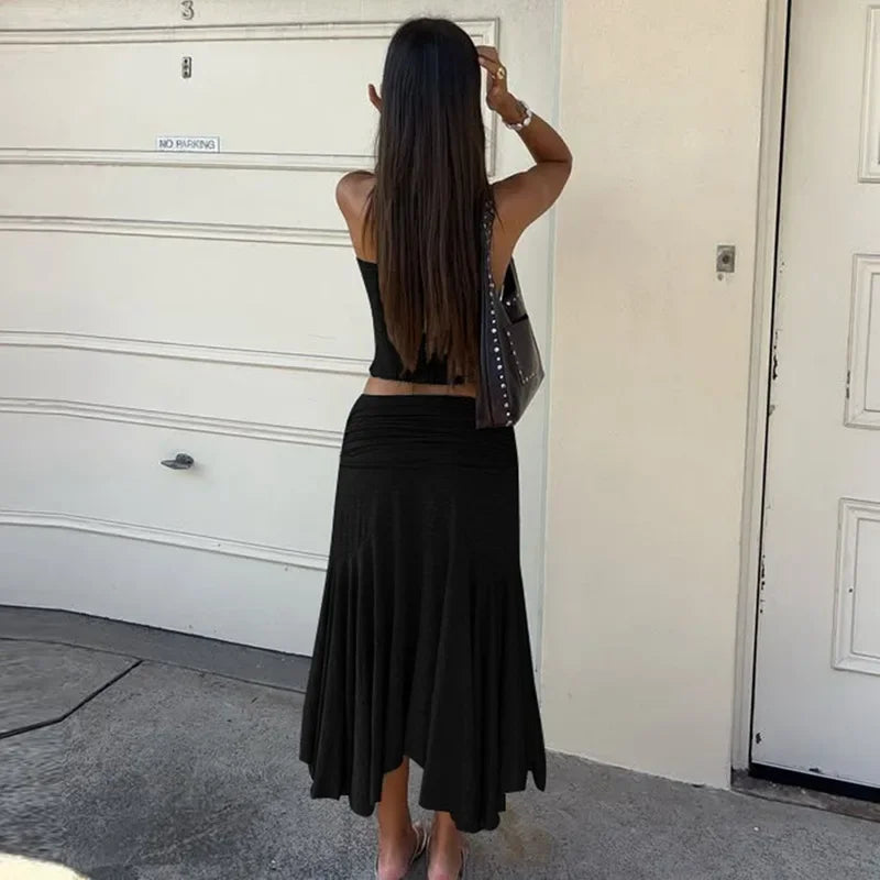 Fashion Pleated 2 Piece-Set Long Skirt For Women Off-Shoulder Cropped Pullover Top And Slim Long Skirt Sets Female Outfits