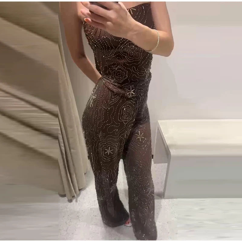 Chic Beaded Women's Top Pant Set Sexy Slim Halter Sleeveless Crop Tops See Through Elastic Waist Wide Leg Pants Summer Outfits