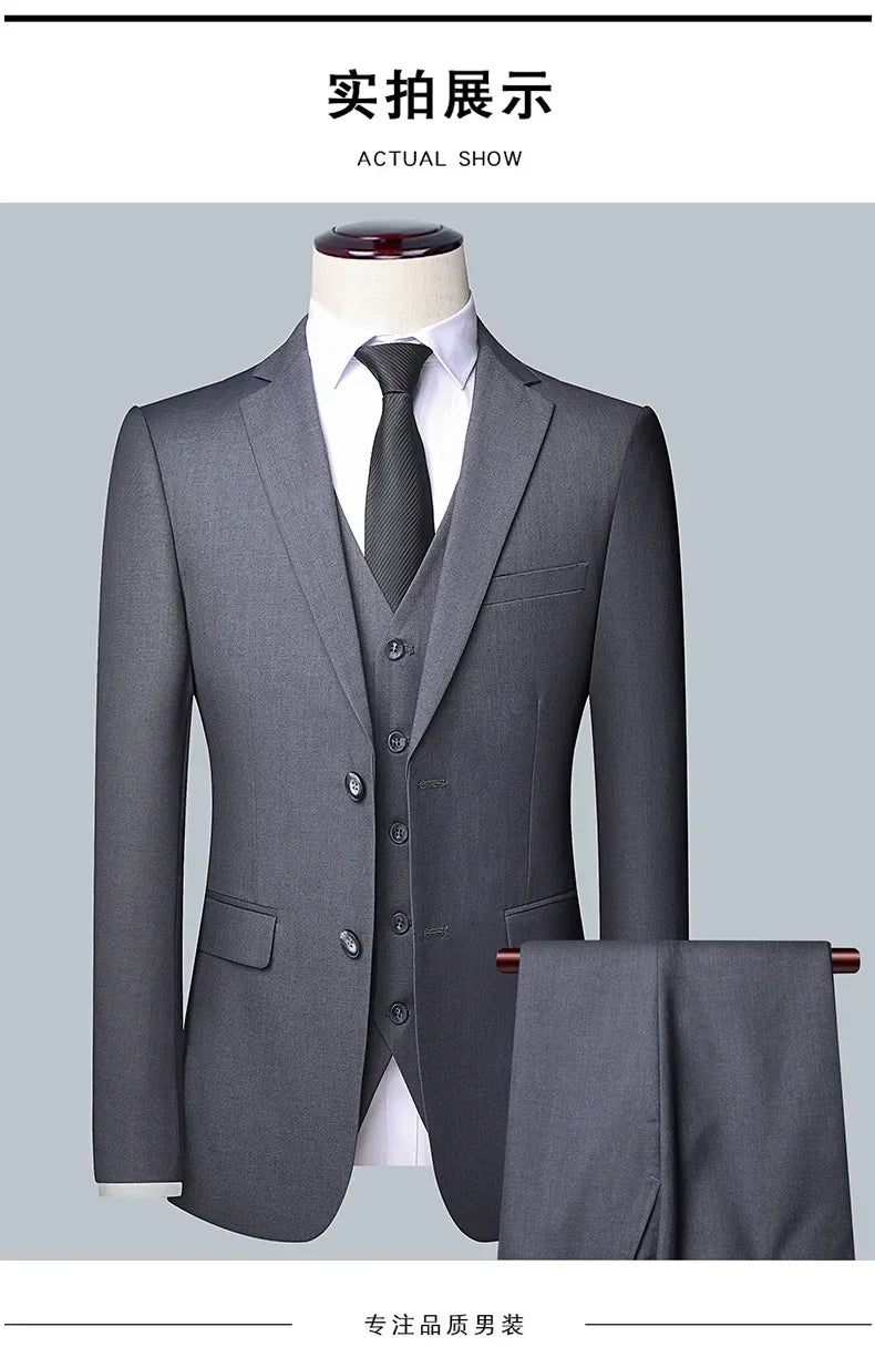Suit (Blazer+ Vest + Pants) Men's Fashion Business Fit Wedding Professional Casual Single Breasted Gentleman Groom Dress Suit