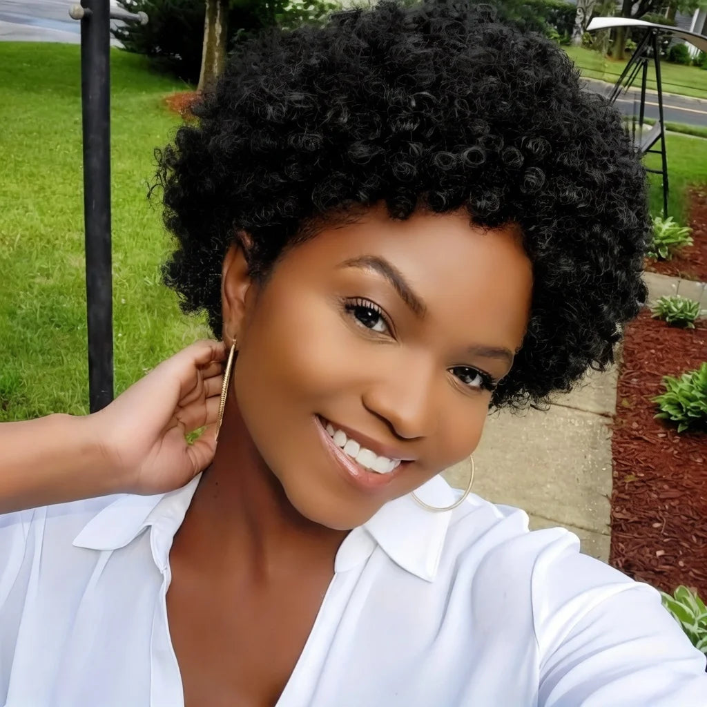 Brazilian Short Afro Human Hair Wig With Tiny Coil Curls Soft Wig Cap For Women Daily Full Machine Made Wigs