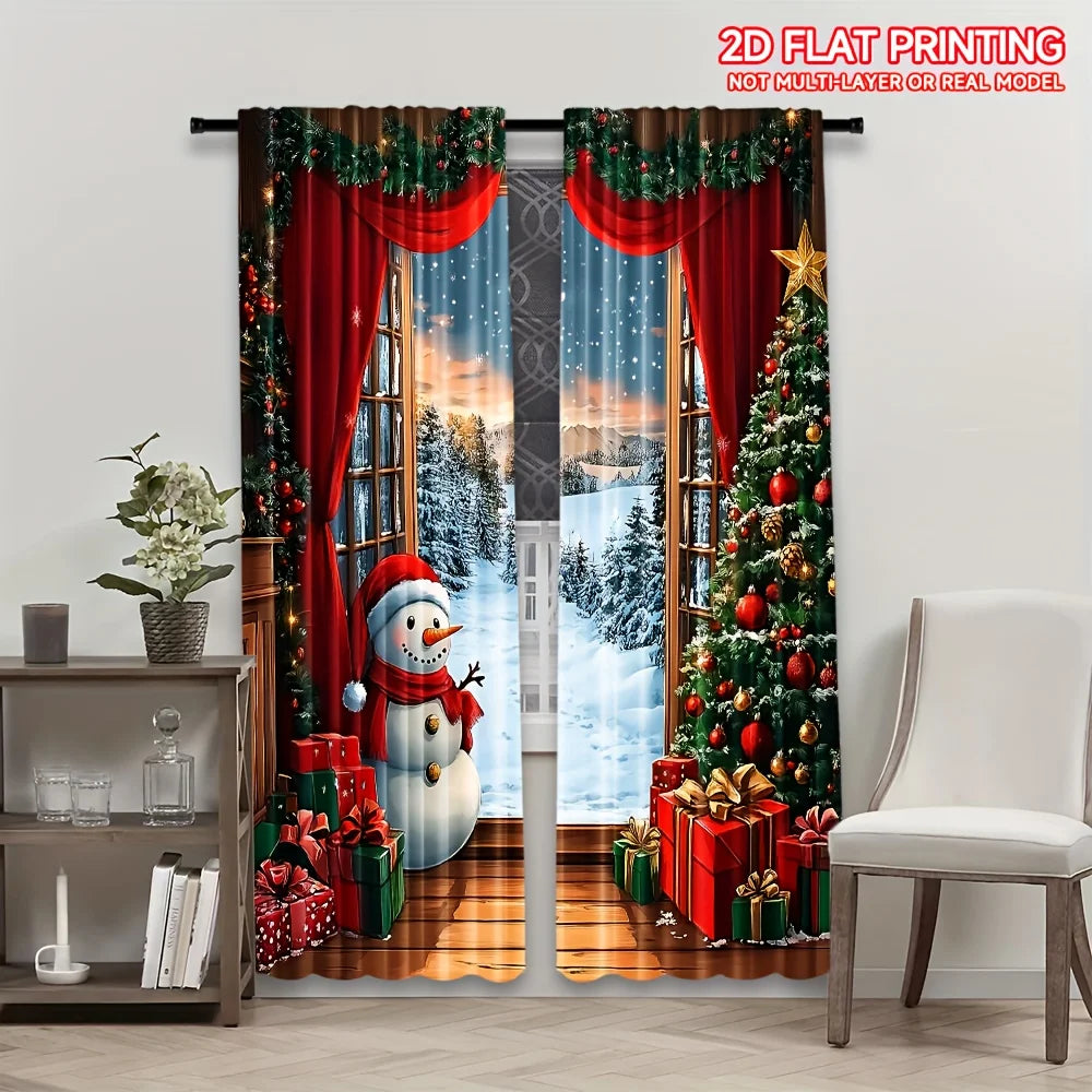 2 cortinas navideñas: Papá Noel, muñeco de nieve y encanto festivo