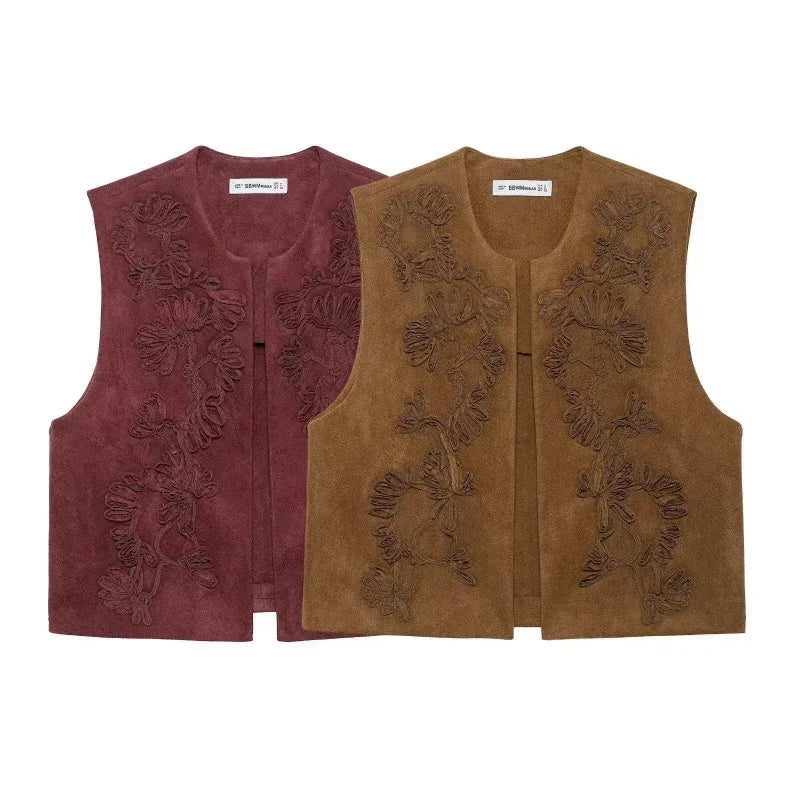 Embroidered Vests For Women Fashion Suede Elegant Sleeveless Coat Short Vest Streetwear Casual Chic Waistcoat Top