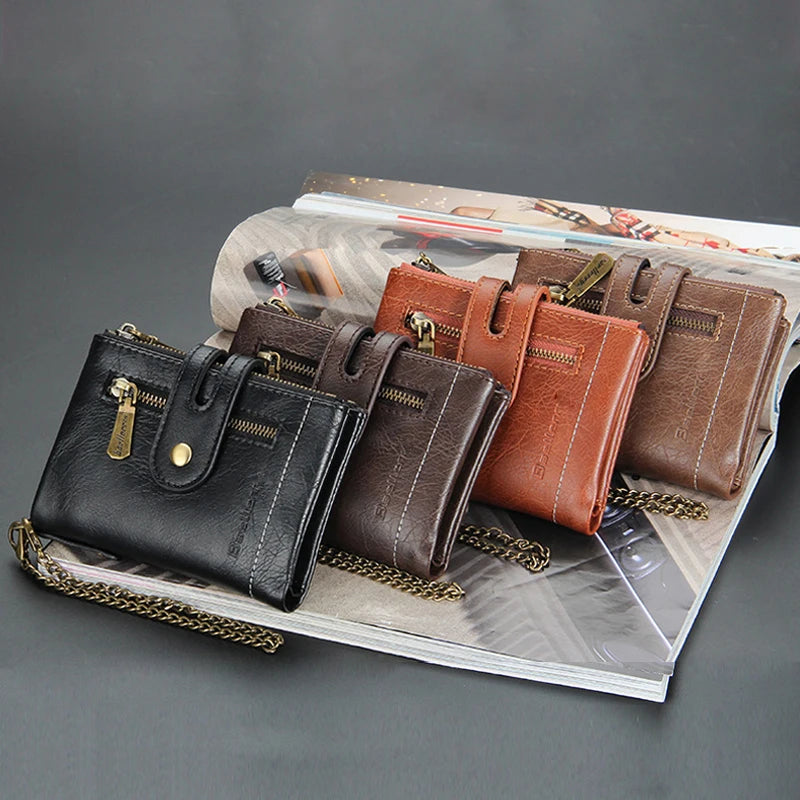 Men's Luxury PU Leather Wallet - Short Chain Design Card Holder, Classic Retro Purse (High Quality Brand)