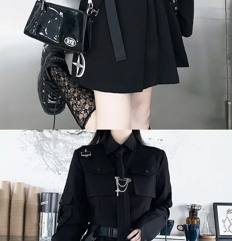 Women Two-Piece Skirt Spring Oversize 4XL Black Punk Chain Ribbon Skirts Ladies Suit Female Dress Sets Harajuku Streetwear