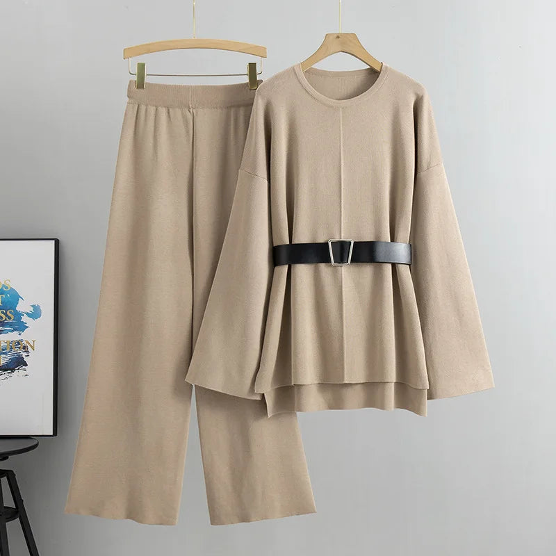New Fashion Elegant Sweater Pants Suit Women Outifits 2025 Autumn Loose Sweater with Knitted Wide-leg Pants Female Two-piece Set