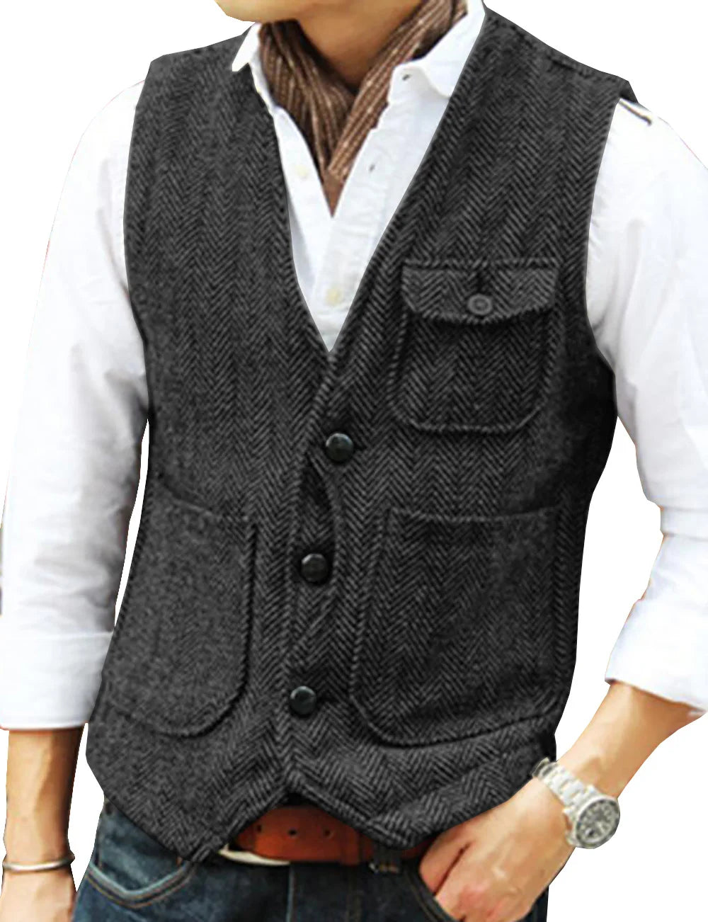 Vest Men's Casual Tooling Formal Herringbone Tweed Brown V Neck Wool Waistcoat Business Vest Groomsman For Wedding Prom
